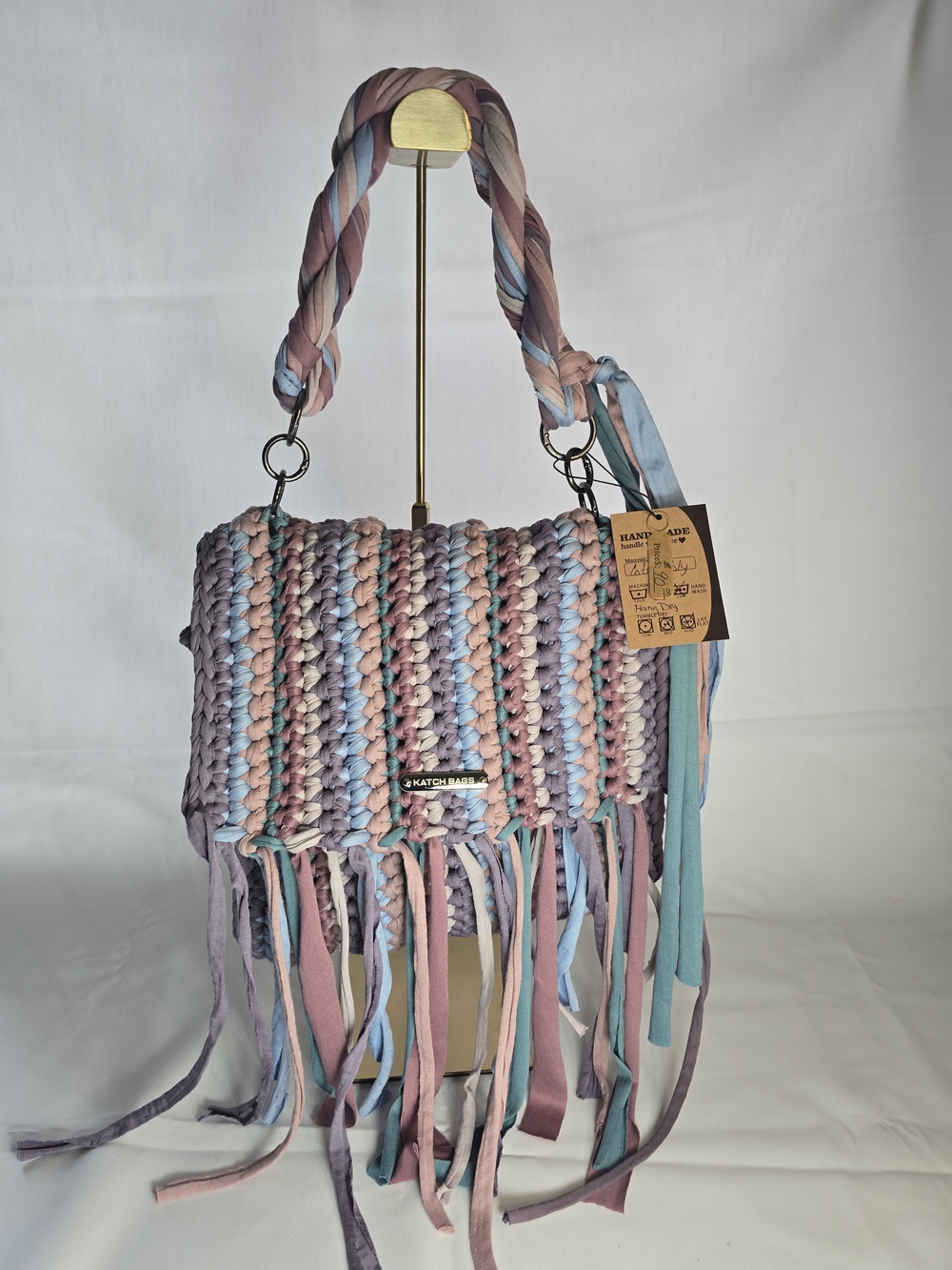 Hand Crafted Pastel Crochet Fringe Shoulder Bag in Pink, Blue, Lavender